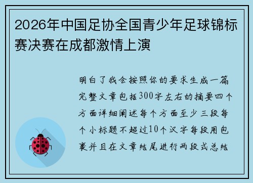 2026年中国足协全国青少年足球锦标赛决赛在成都激情上演